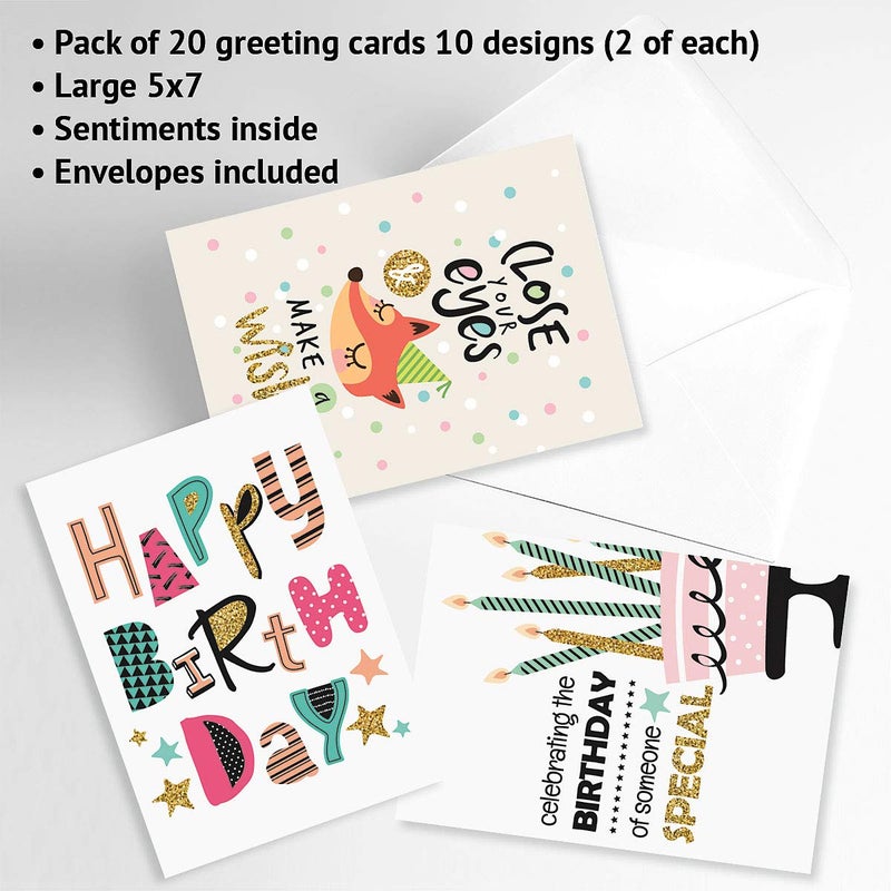 Current Simple Wishes Happy Birthday Greeting Card Set - Value Pack of 20 Cards With White Envelopes, 10 Designs, Large 5" x 7" Assortment - Image 5
